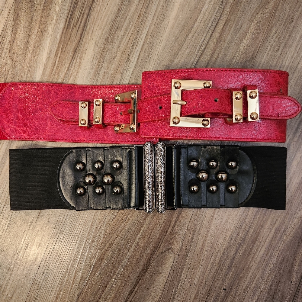 *5 for $20* Red Stretch Belt with Gold Buckle & Black Studded Elastic Belt